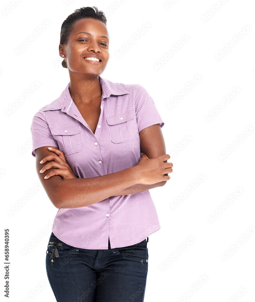 Woman, smile and arms crossed for advertising portrait in studio for fashion marketing, mockup or product. Black model, face and promo or branding presentation, creative or sale on white background