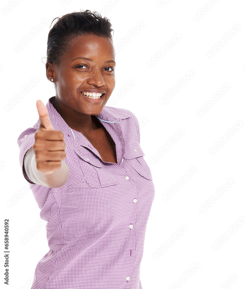 Woman, thumbs up or smile portrait in studio for marketing yes, agreement or review of product. African female, face or achievement emoji for celebration happy mockup white background, ok or feedback