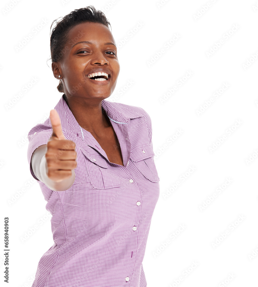 Woman, thumbs up or smile portrait studio for marketing promotion review, thank you or product sale. African female, face or ok hand for mockup space yes agreement review, approval or feedback emoji