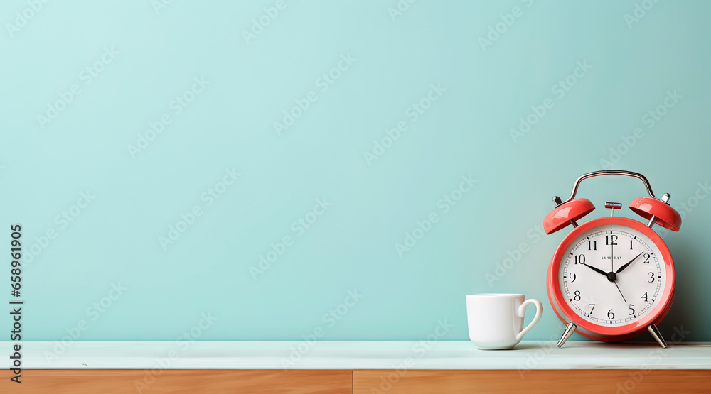 Vintage alarm clock and cup of hot coffee on the uniform pastel backdrop with a copy space. Generative AI