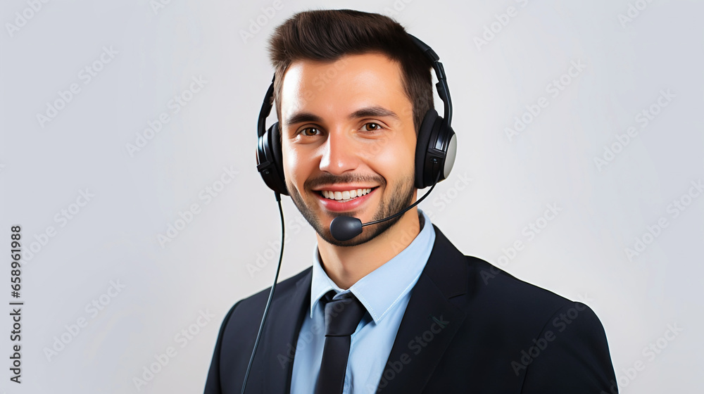 Male customer service representative in headset consulting clients online. Call center agent. Generative AI