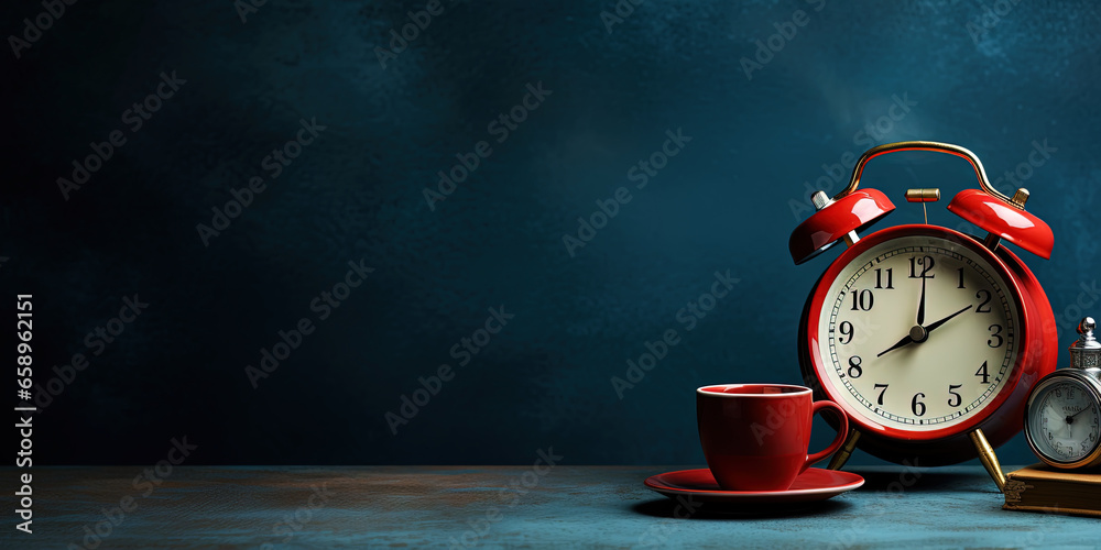 Vintage alarm clock and cup of coffee on the uniform dark backdrop with a copy space. Generative AI