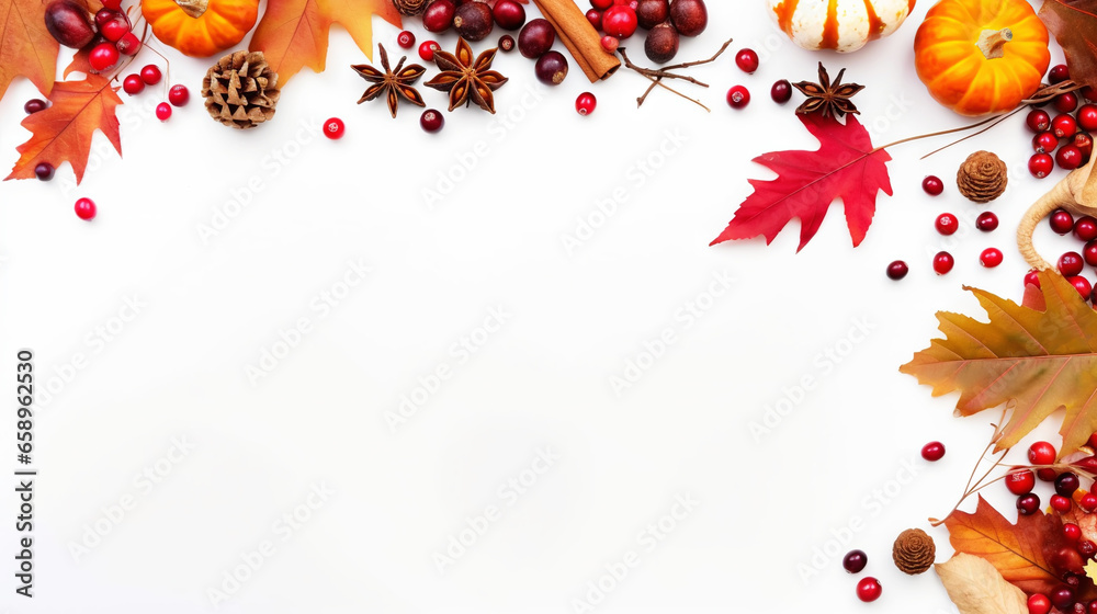 Autumn creative frame composition with dried leaves, chestnuts, red berries and cones on white background. Generative AI