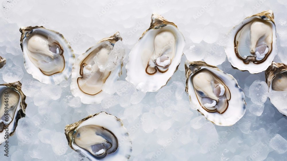 Top view on fresh oysters laying on crushed ice. Seafood background. Generative AI