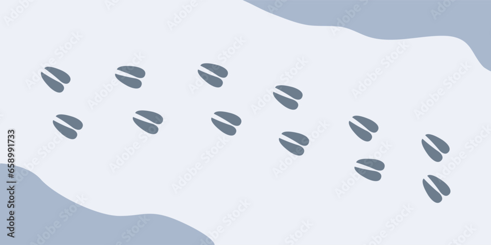 Deer paws on snow . Winter animal paw prints in flat style, vector badger footprints blue on white illustration.