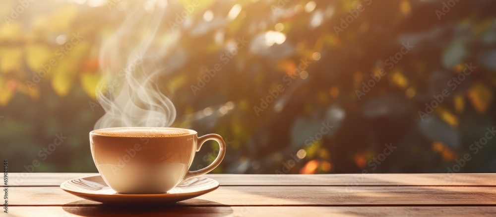 Sunlit table with a close up of a white cup filled with steamy morning coffee