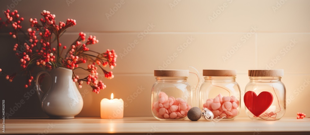 Decorate kitchen with stylish Valentine s Day theme using plants jars and light wall