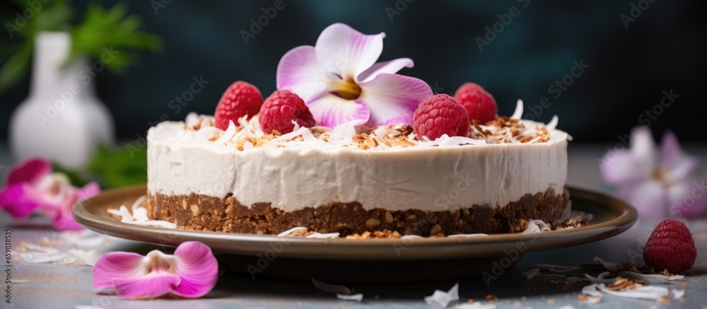 Vegan no bake cheesecake with coconut milk raspberries and coconut flakes on a marble cake stand with flowers in the background