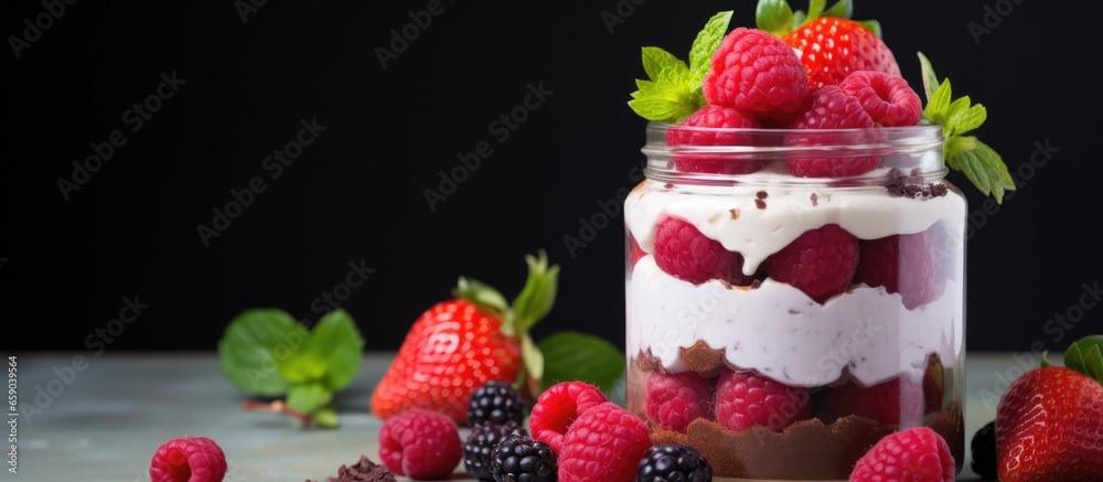 Valentine s Day dessert Red Velvet cake trifle with fresh berries in a glass jar on a gray concrete background