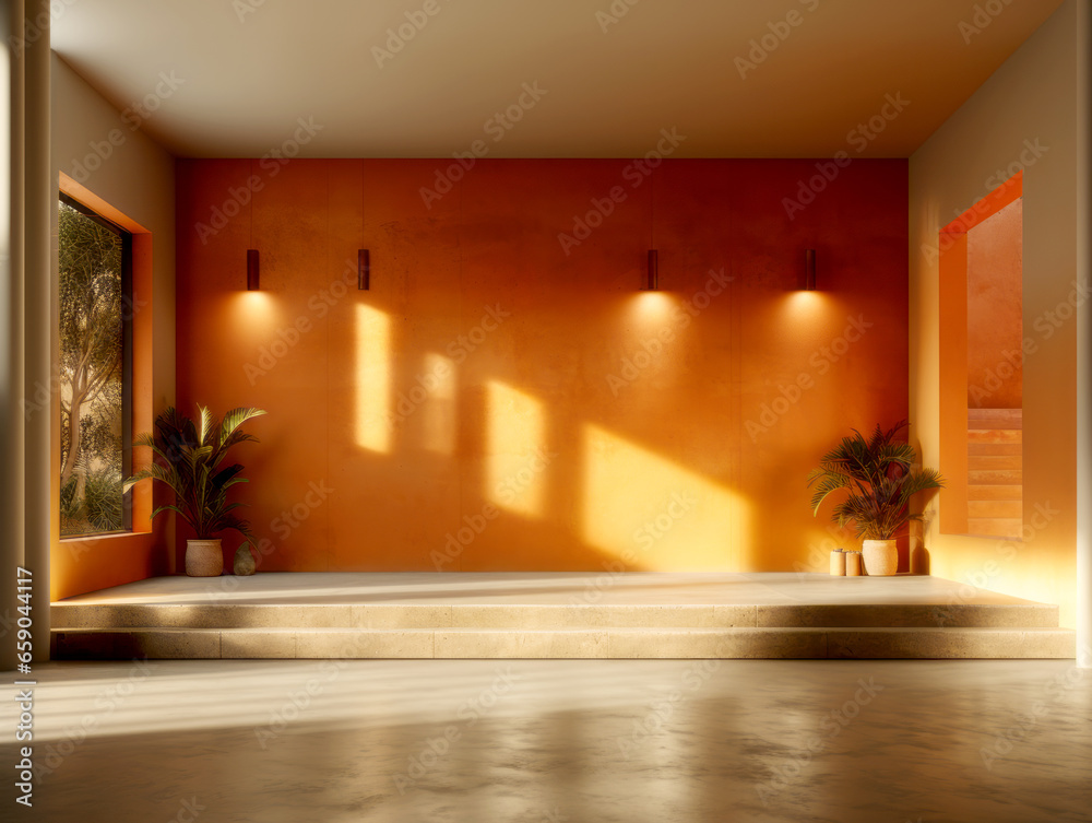 Interior of a hotel room with orange walls and concrete floor. Generative AI