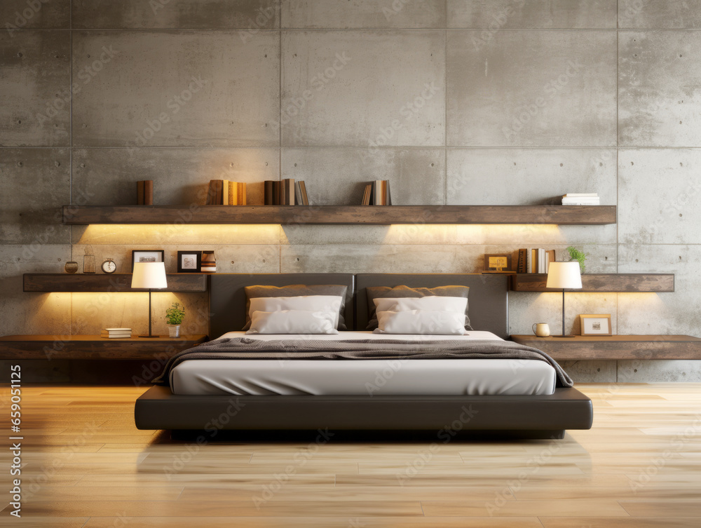 Interior of modern bedroom with concrete walls, wooden floor, comfortable king size bed and bookshelves. Generative AI