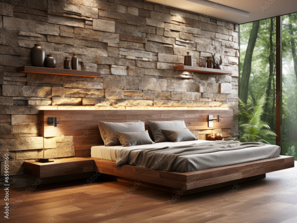 Interior of modern bedroom with stone wall and wooden floor. Generative AI