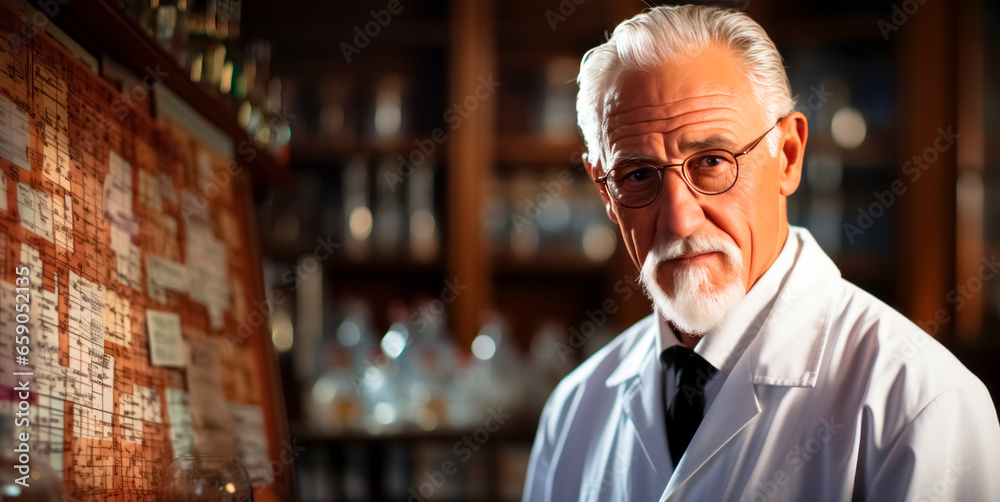 Portrait of senior male scientist in lab, coat and glasses, looking at camera. Generative AI