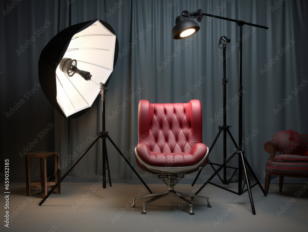 Interior of modern photo studio with red armchair and lighting equipment. Generative AI