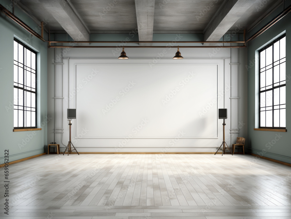 Interior of empty room with blank place for poster on the wall. Generative AI