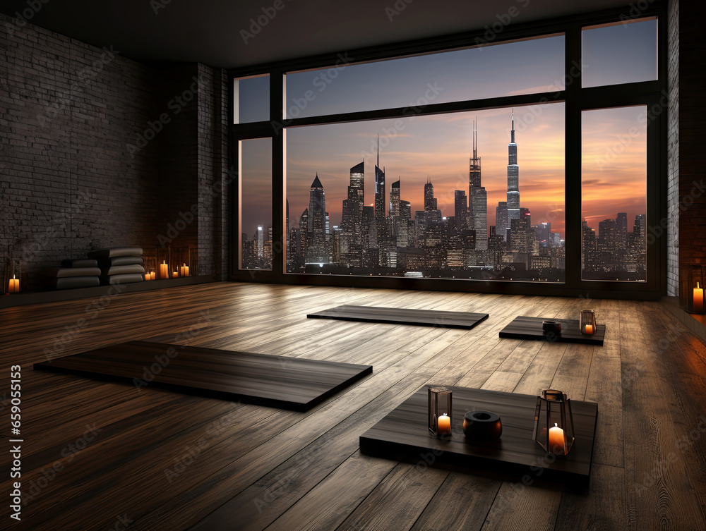 yoga studio with a window overlooking the city at evening. Generative AI