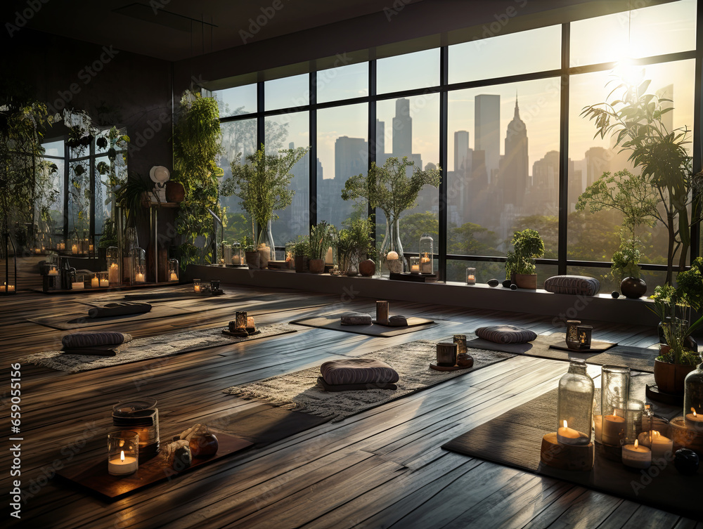 spa room with a view of the city. Generative AI