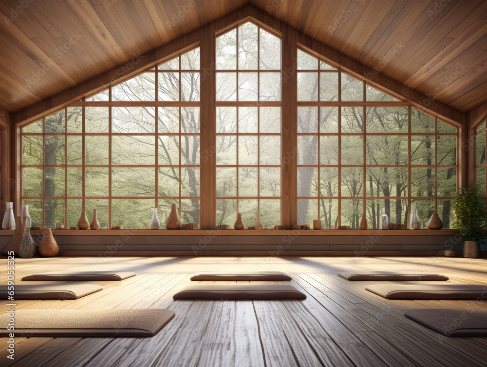 Relaxing in a yoga room with a wooden floor. Generative AI