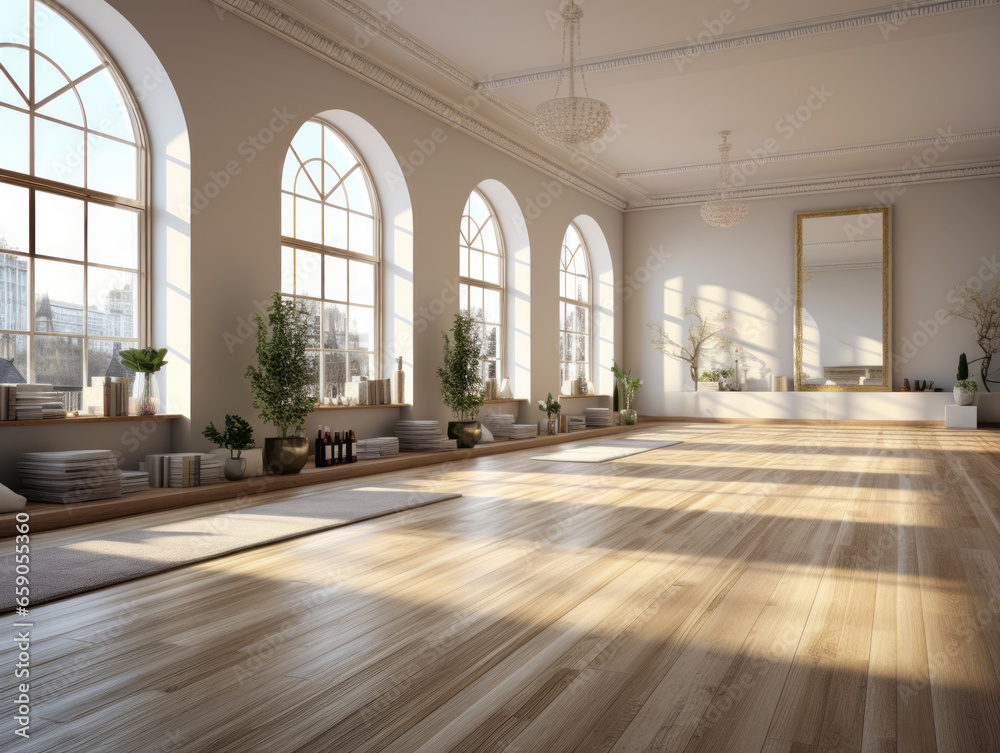 Interior of modern living room with large windows and wooden floor. Generative AI