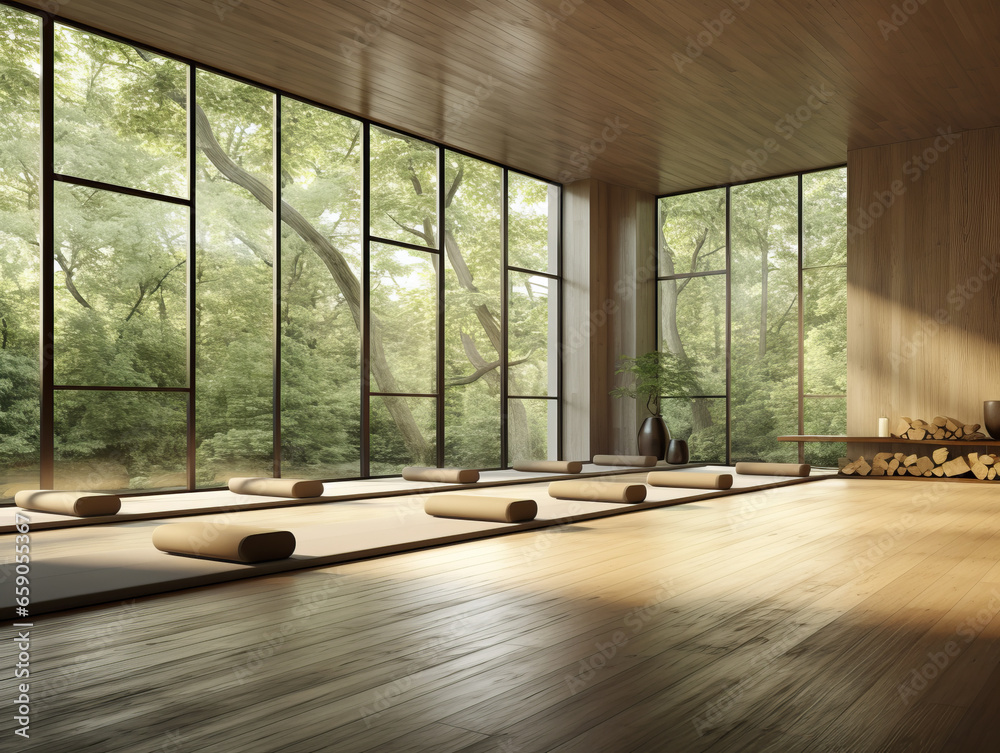 Interior of modern yoga studio with wooden floor and large windows. Generative AI