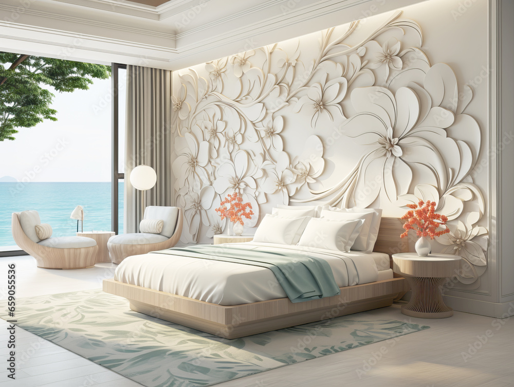 Bedroom in modern style with sea view background. Generative AI