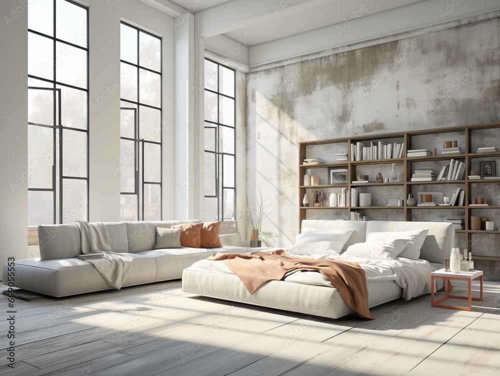 Interior of modern bedroom with white walls, wooden floor, comfortable gray sofa and bookcase. Generative AI