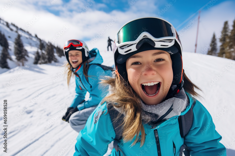 Children having fun on the snowboard track