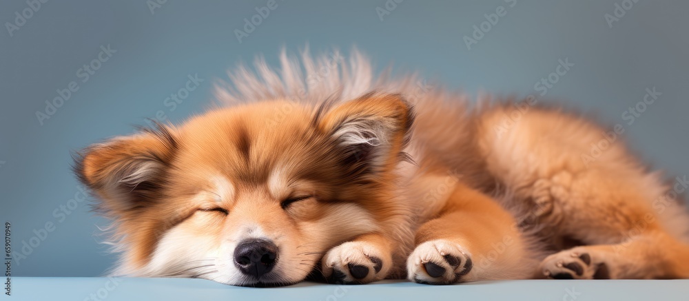 Alaskan malamut dog sleeping after long walk with owner on pastel background