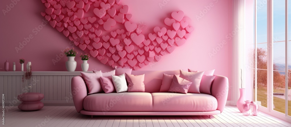 Valentine s themed living room with pink sofa red partition heart decorations on wall interior design