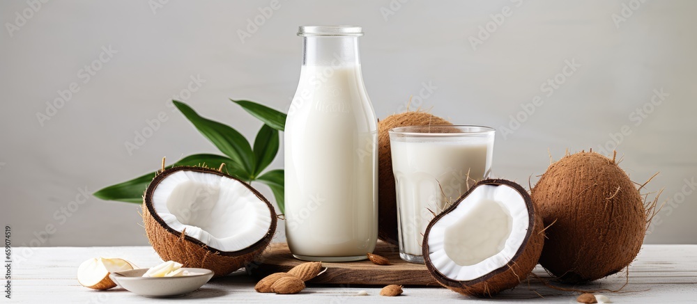 Coconut based vegan products milk yogurt and chips on a white backdrop