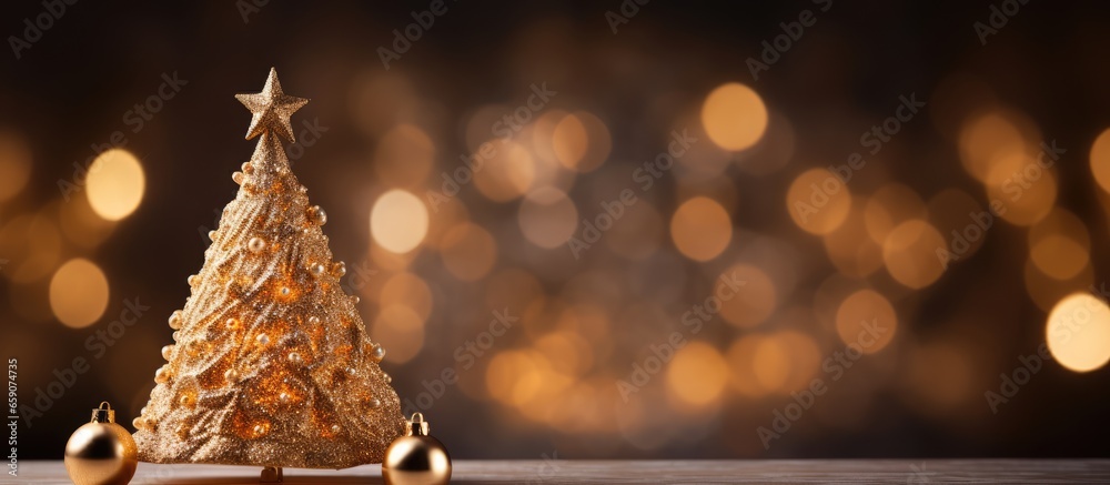 Blurred lights and tree on gold Christmas background