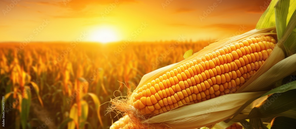 Sunrise illuminating corn cobs in field