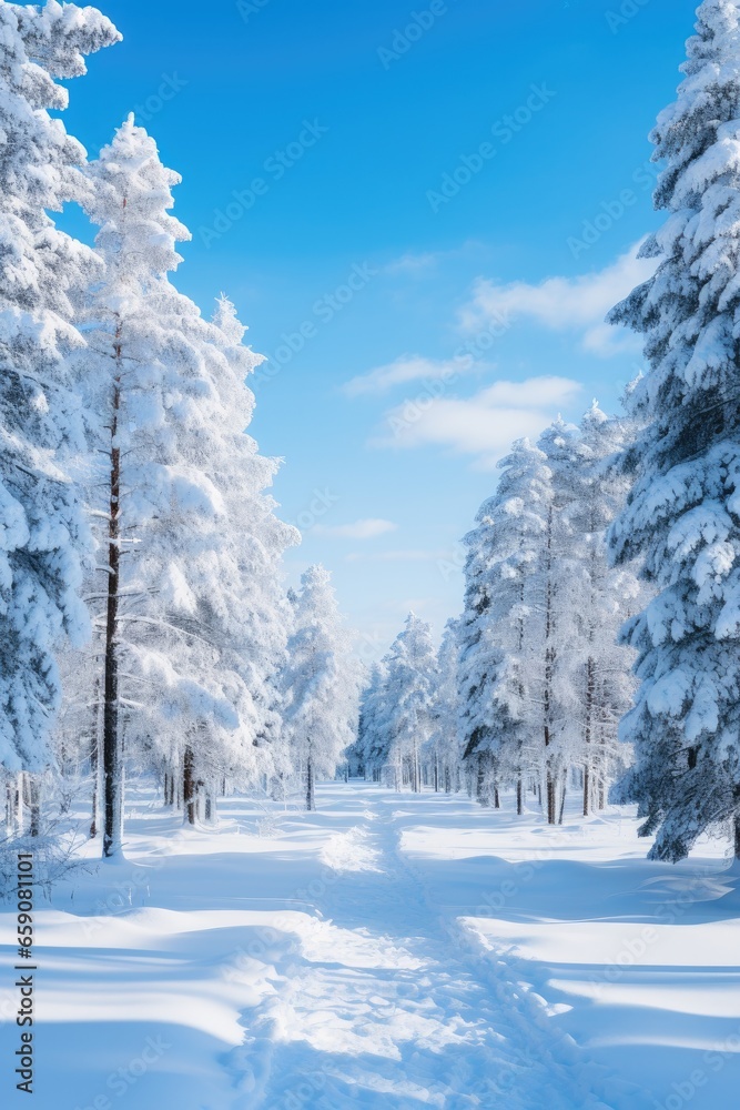 Snow-covered pine trees in a winter wonderland.