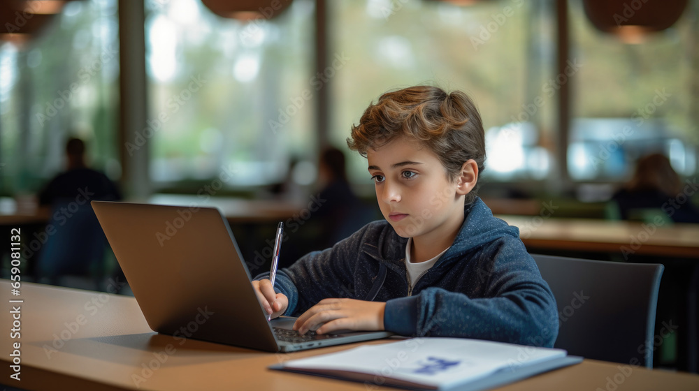 Boy studying with a laptop and notebook