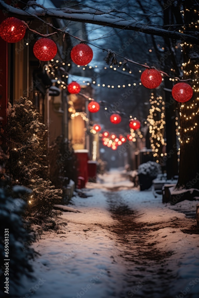 Festive lights and decorations on a snowy street.