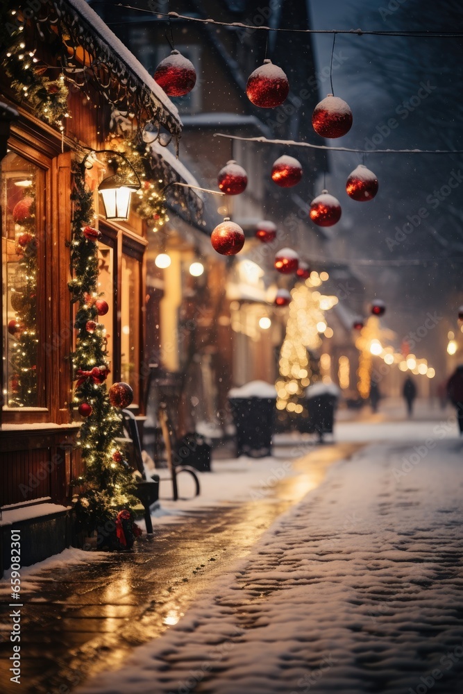 Festive lights and decorations on a snowy street.