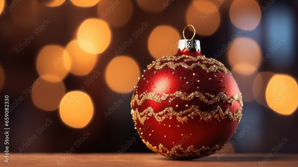 A close-up of a Christmas tree ornament with a blurred background of bokeh lights and large copy space.