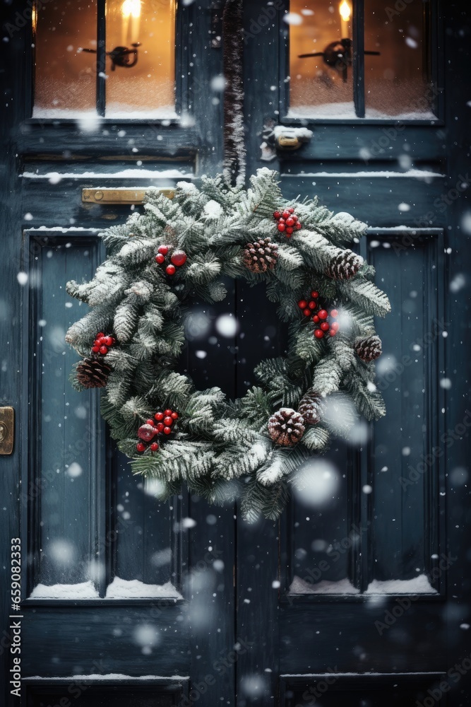 A festive wreath hanging on a wooden door, surrounded by falling snowflakes