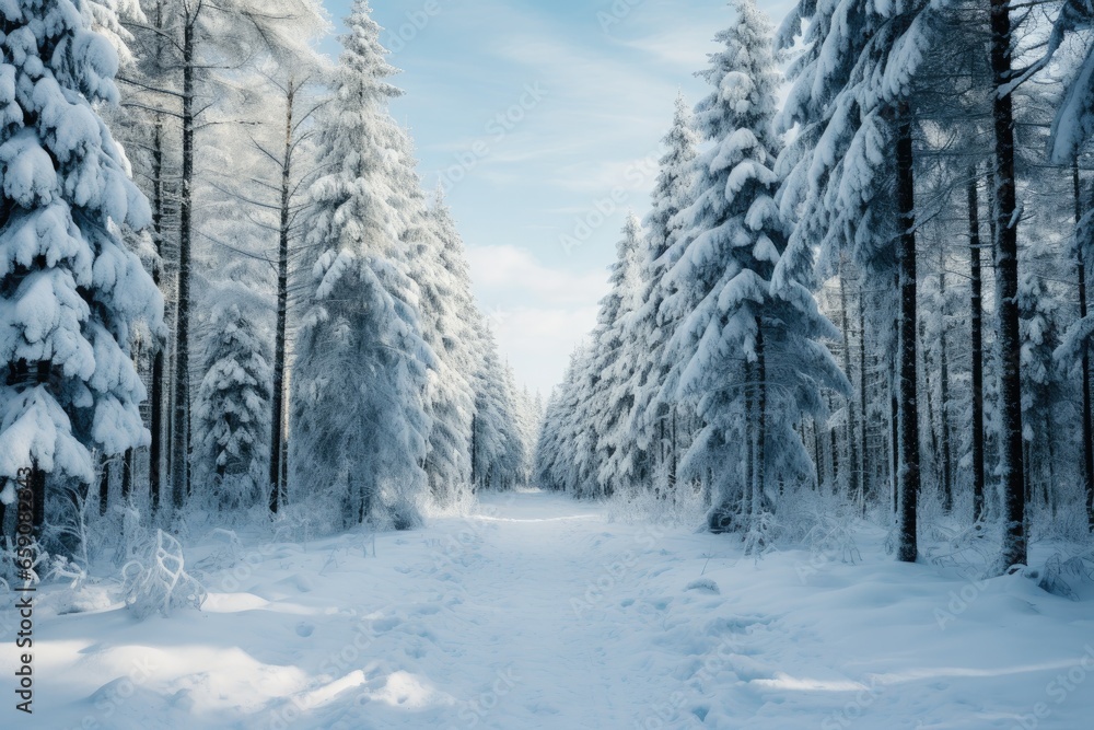 Snow-covered pine trees in a winter wonderland.