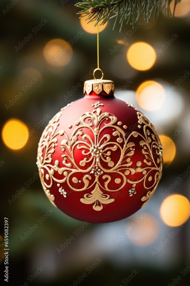 Close-up of a red and gold Christmas ornament on a tree