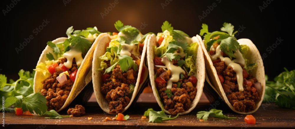 Three vegan meat tacos with coriander on an orange background viewed from the front