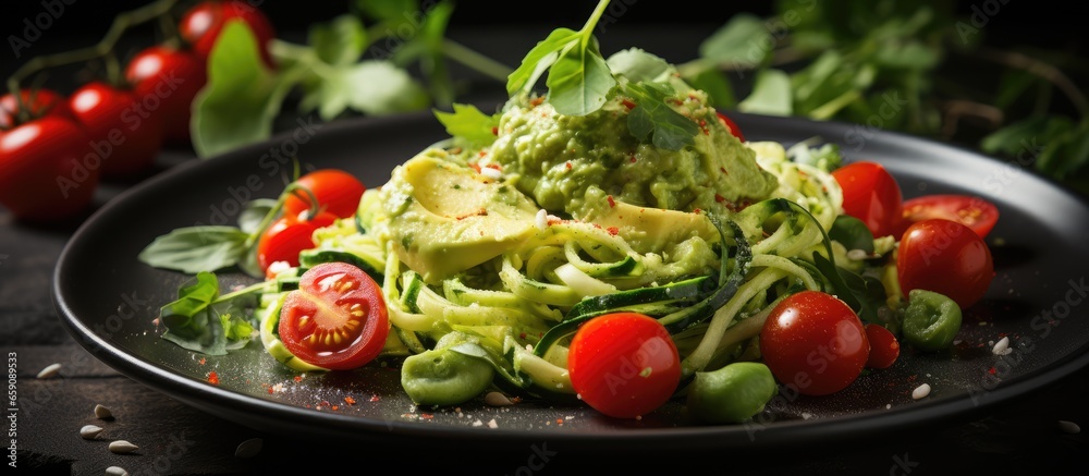 Vegan zucchini pasta with avocado dip spinach and cherry tomatoes on plate