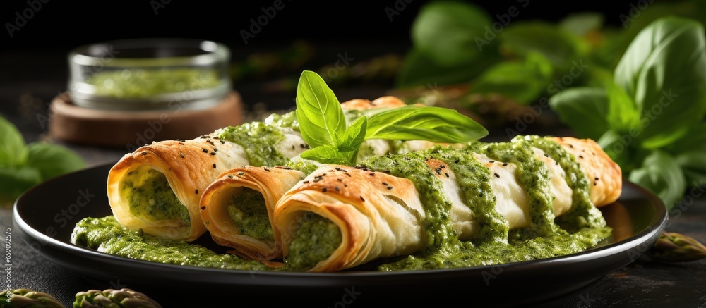 Delicious breakfast with basil pesto sauce baked asparagus in dough Room for text