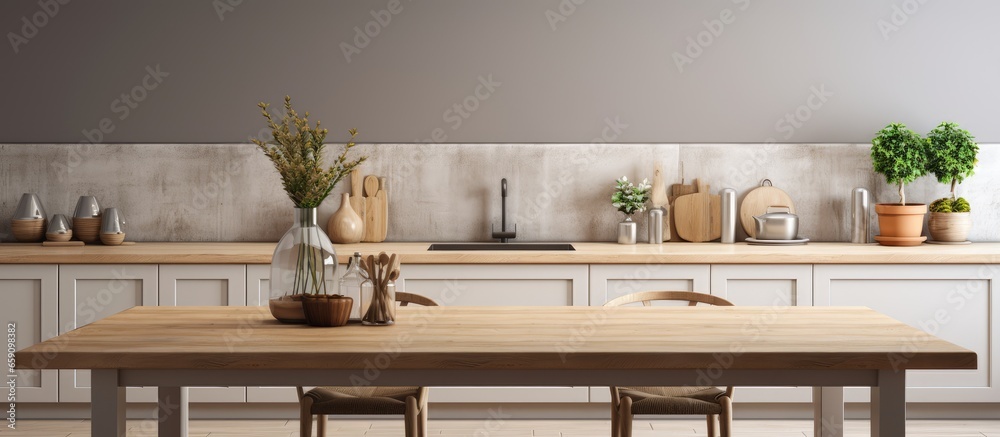 Scandinavian style kitchen with wooden table top and blurred background