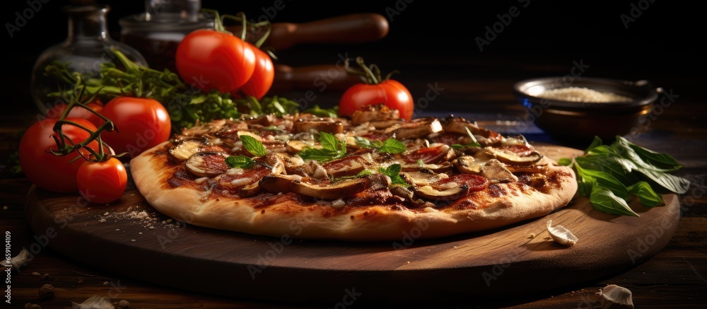 Plant based pizza cherry tomato and onion bruschetta on a wooden cutting board oven baked