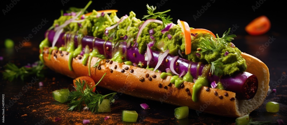 Vegetarian hot dog with veggie flatbread red onions pickles and pea puree