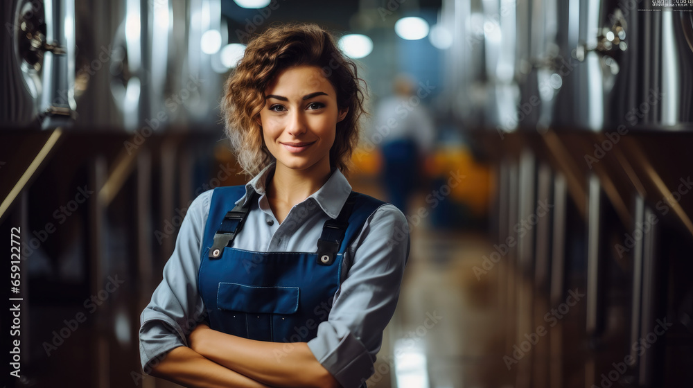 Portrait of woman employee in modern beer production facility.