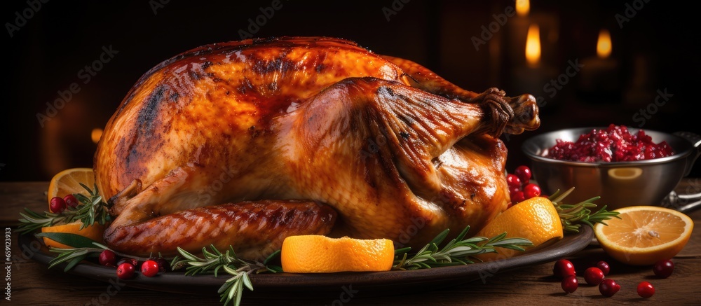 Christmas dinner with roasted turkey adorned with berries and sage by a festive tree and lit candles