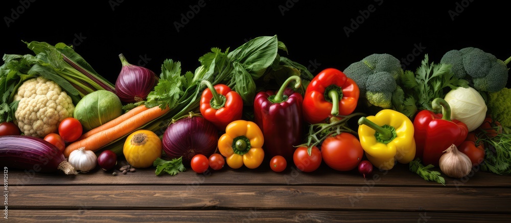 Fresh vegetables arranged on a wooden backdrop