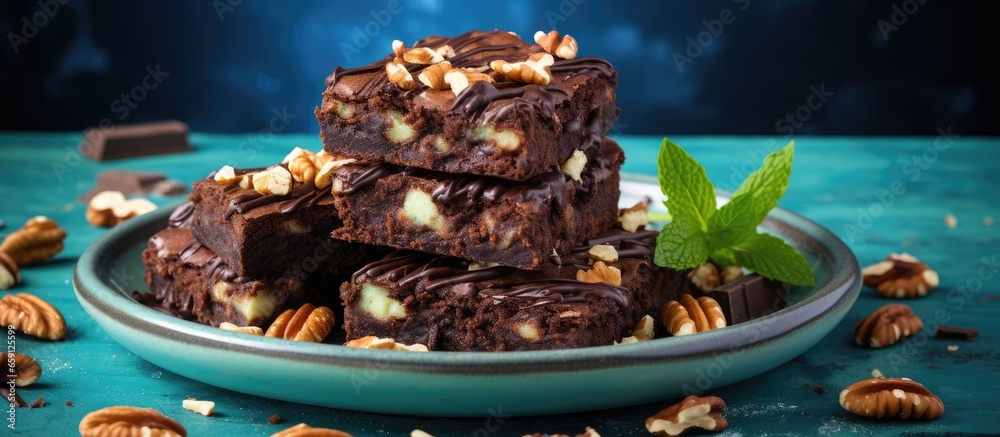 Walnut filled vegan chocolate brownies piled on cocoa dusted parchment paper Empty area Mint colored backdrop